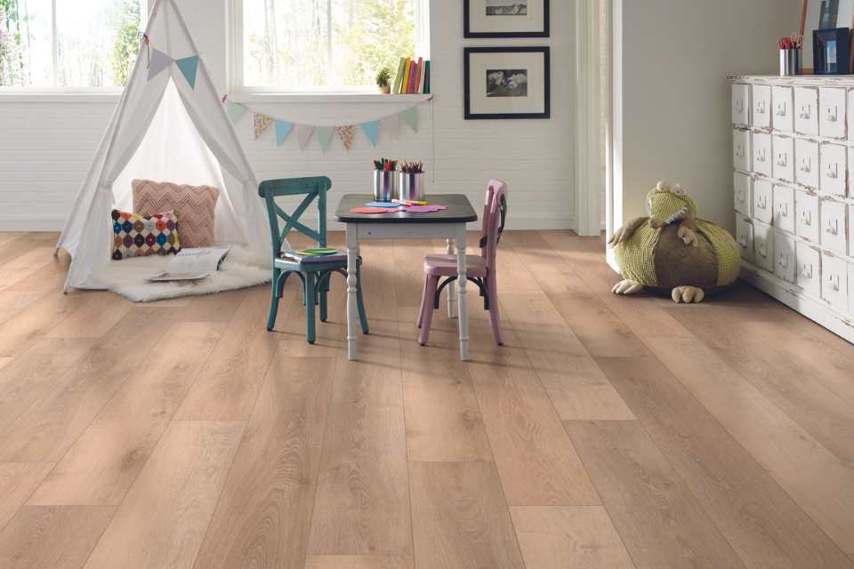white oak look laminate in childrens playroom with pop up tent